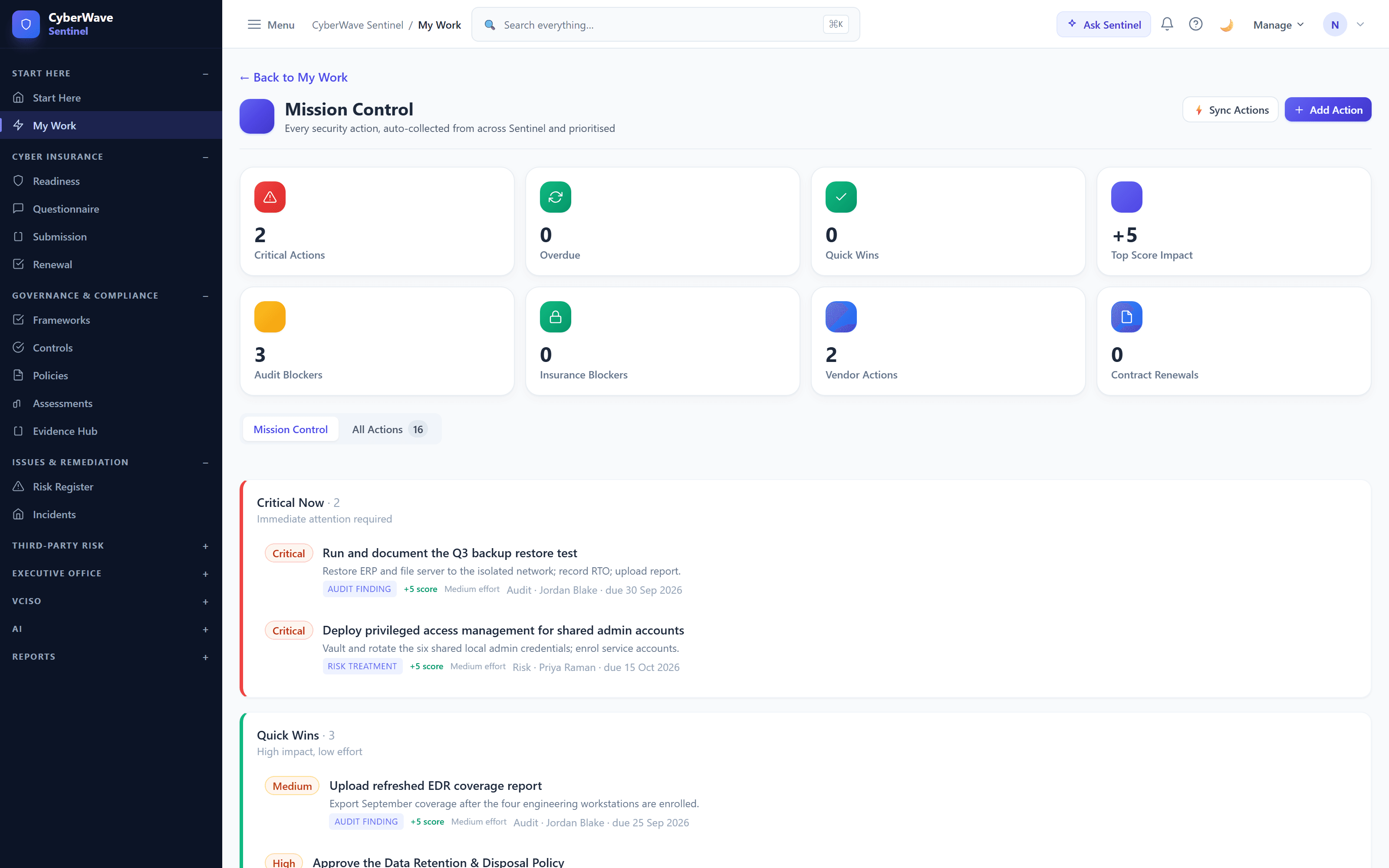 Sentinel Mission Control showing 2 critical actions and 3 audit blockers, with actions grouped into Critical Now and Quick Wins.