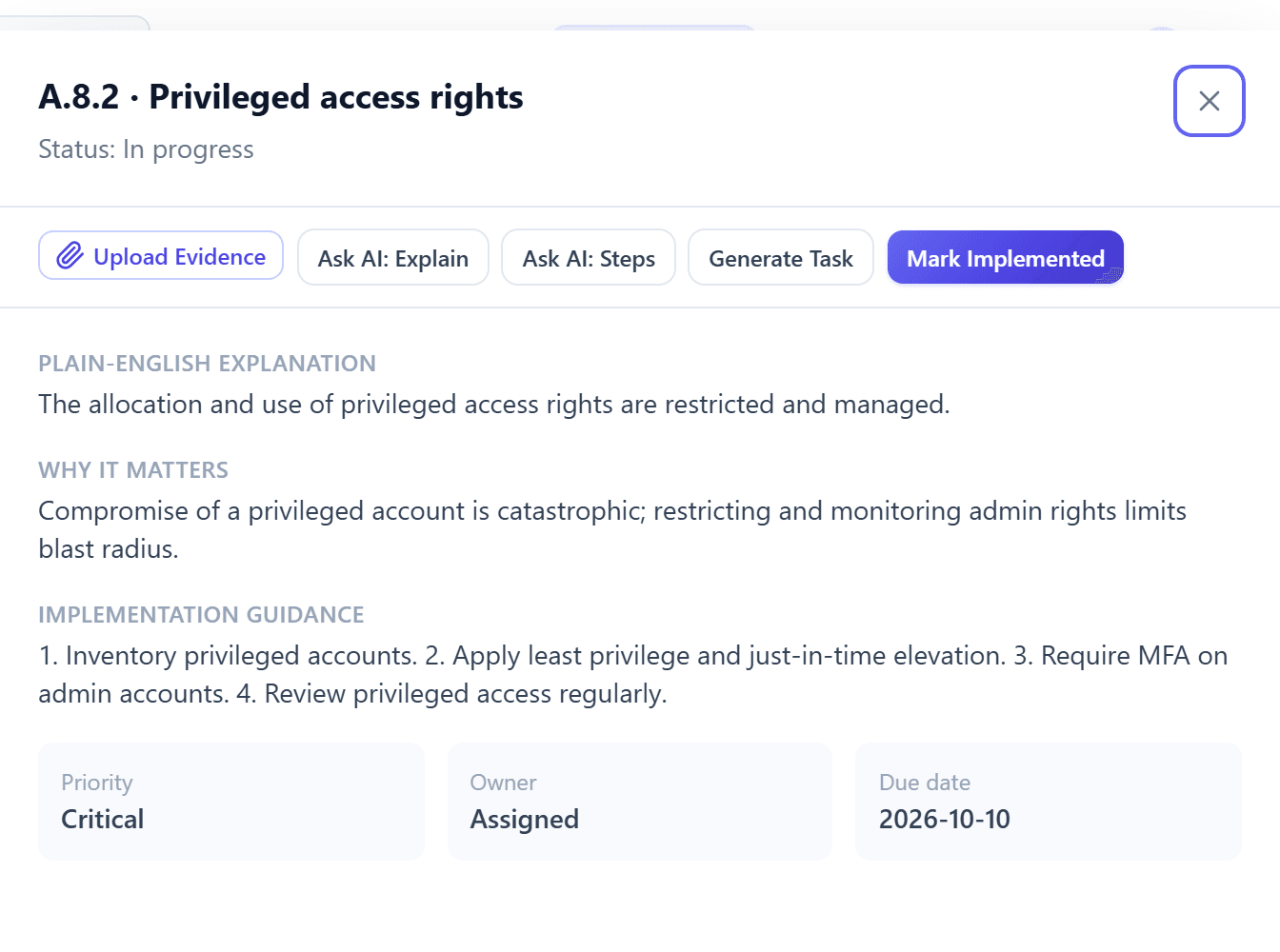 Sentinel control A.8.2 Privileged access rights: in progress, critical priority, due 10 October 2026, with plain-English guidance.