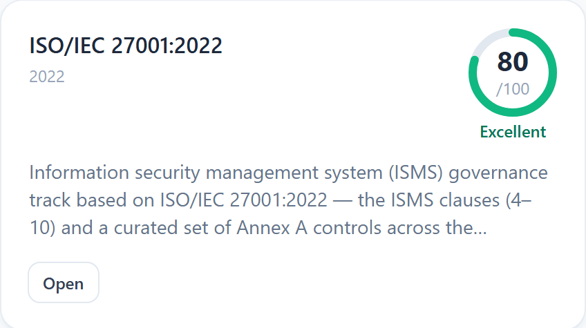 Sentinel ISO/IEC 27001:2022 framework card scoring 80 out of 100, rated Excellent.