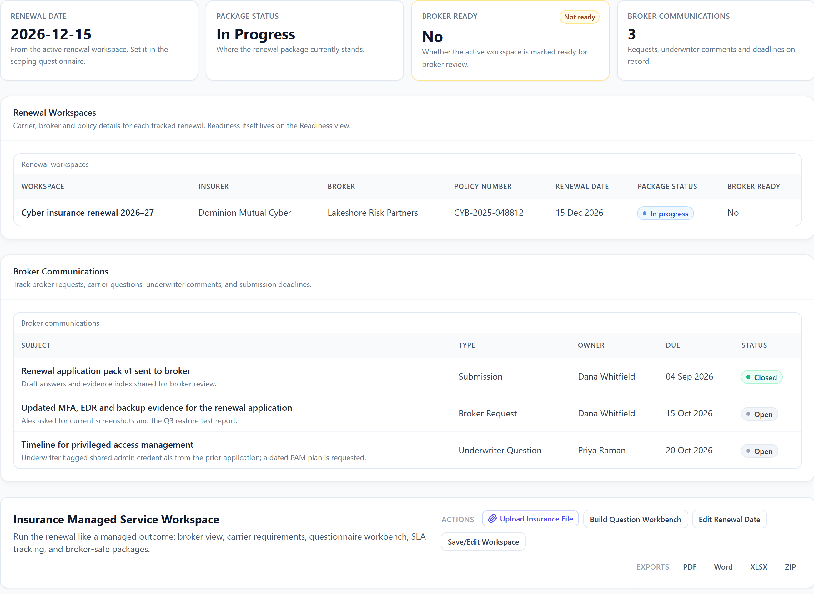 Sentinel renewal workspace showing a 15 December 2026 renewal, package In Progress, not yet broker ready, and three logged broker communications.